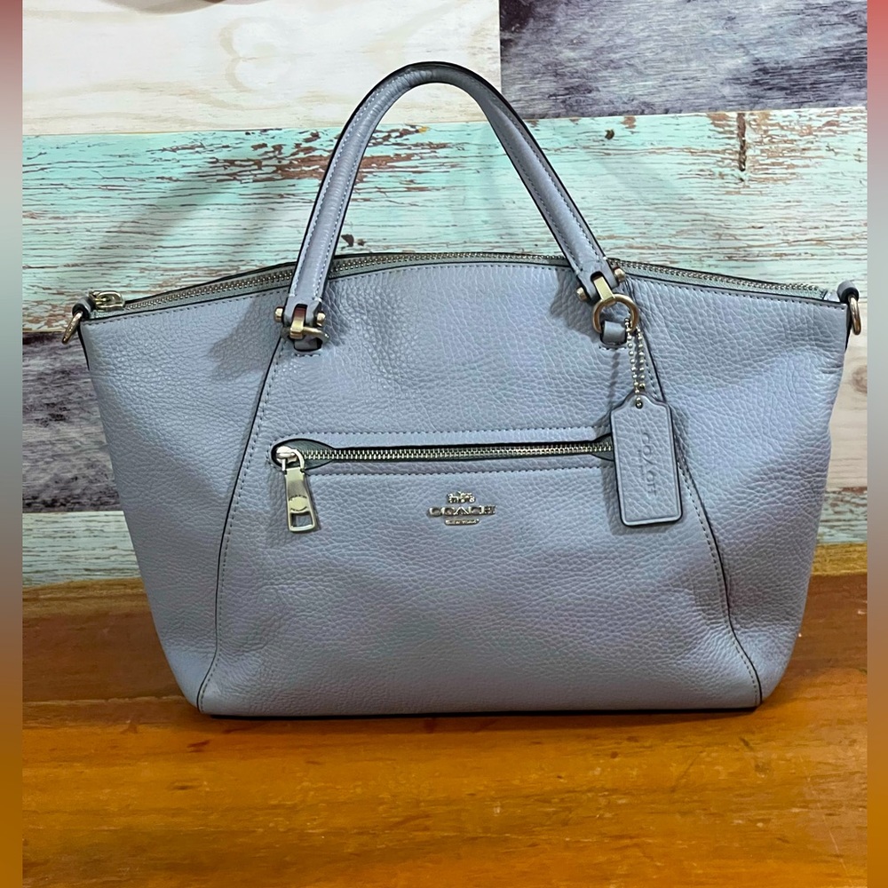 Coach purse, light blue, leather, with silver hardware.